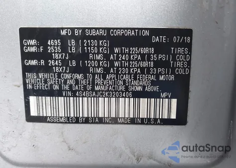 2019 Subaru Outback 2.5I Limited z USA, uszkodzony, nr VIN 4S4BSAJC2K3203406